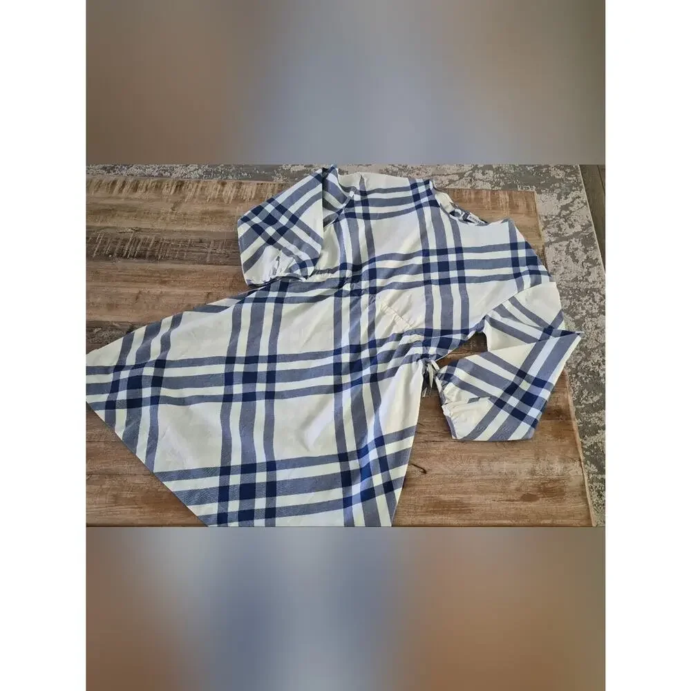 NWT Burberry Girls Blue Plaid Long Sleeve Drawstring Waist Dress 10Y 10